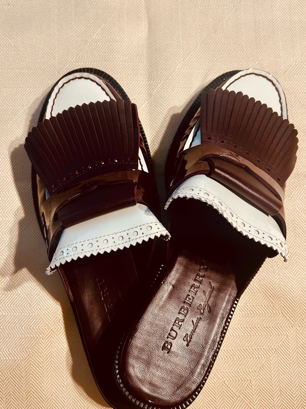 Burberry Two-Tone Leather Fringe Mules - Size 37